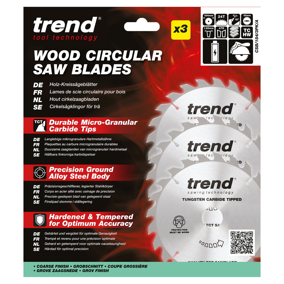 Trend 3-Piece 184mm x 16mm x 24T Wood Cordless Circular Saw Blade Set