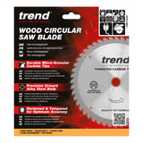 Trend wood circular saw blade packaging with product details on a white background