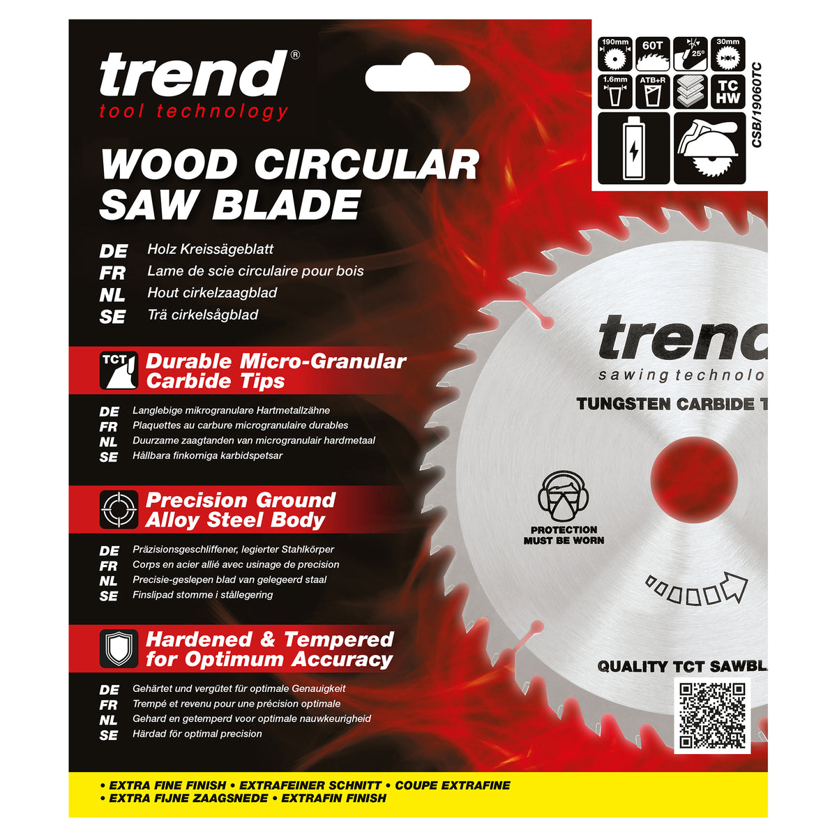 Trend 190mm x 30mm x 60T Thin Kerf Fine Cut Off Cordless ATBR Circular Saw Blade