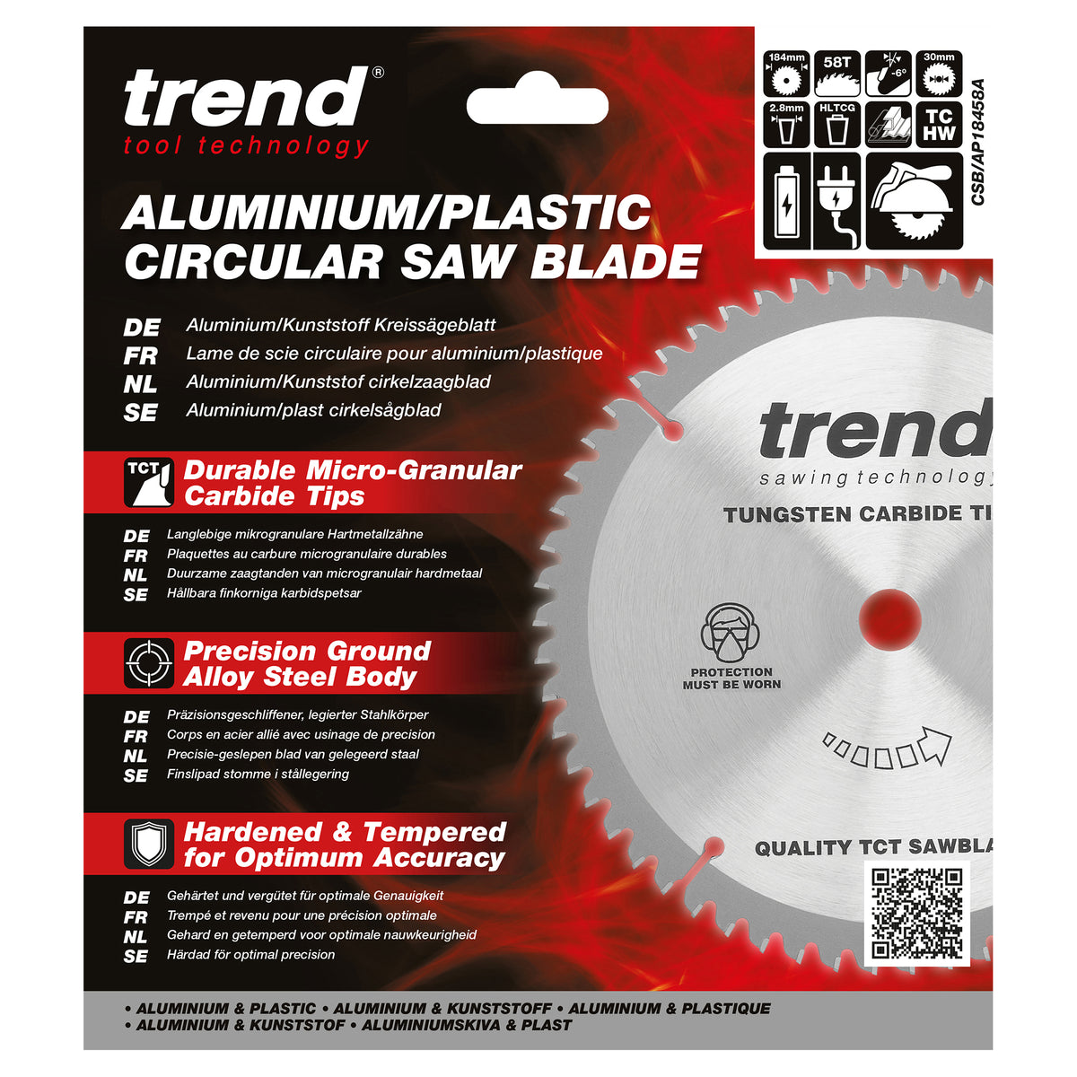 Trend 184mm x 30mm x 58T Aluminium/Plastic Circular Saw Blade