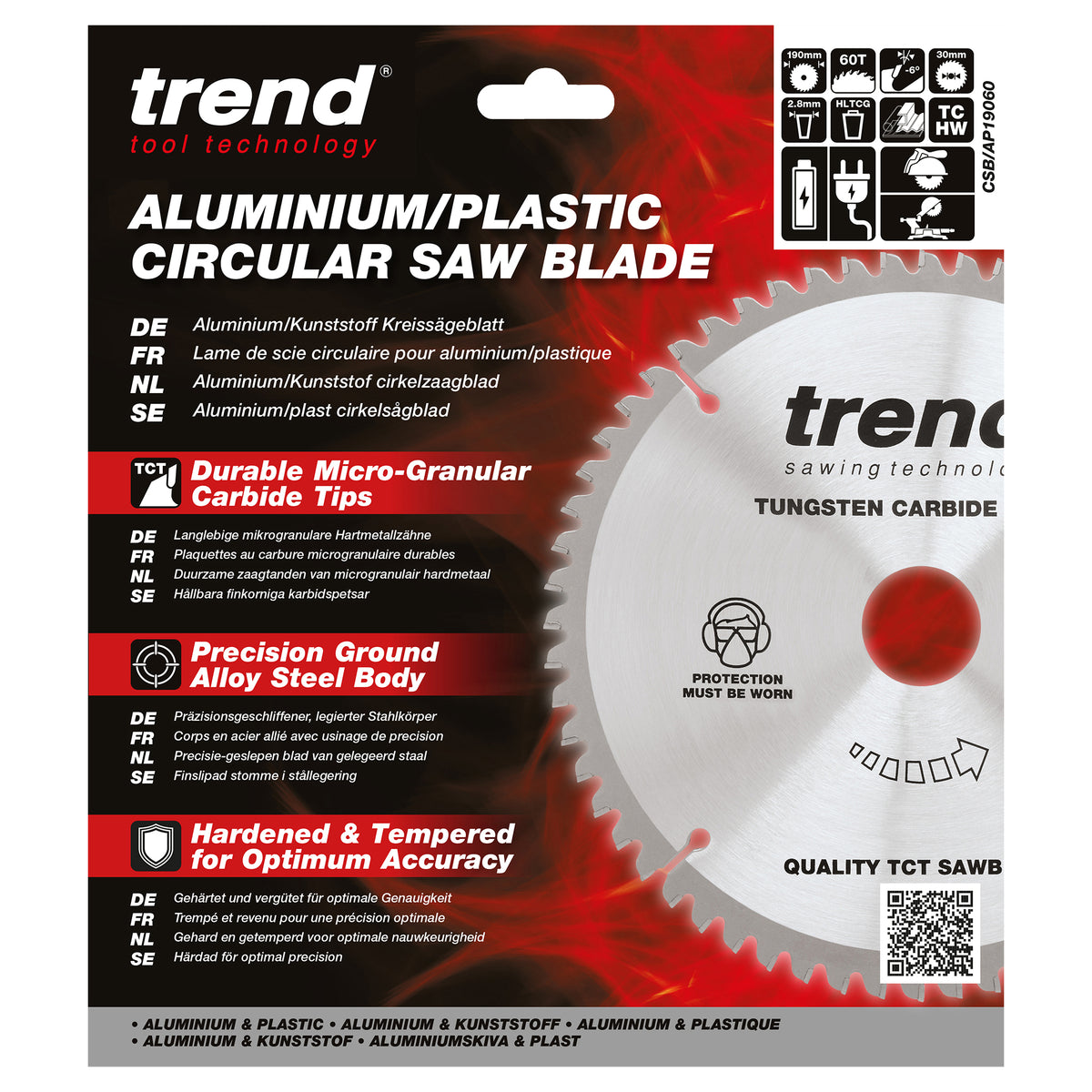 Trend 190mm x 30mm x 60T Aluminium/Plastic Circular Saw Blade