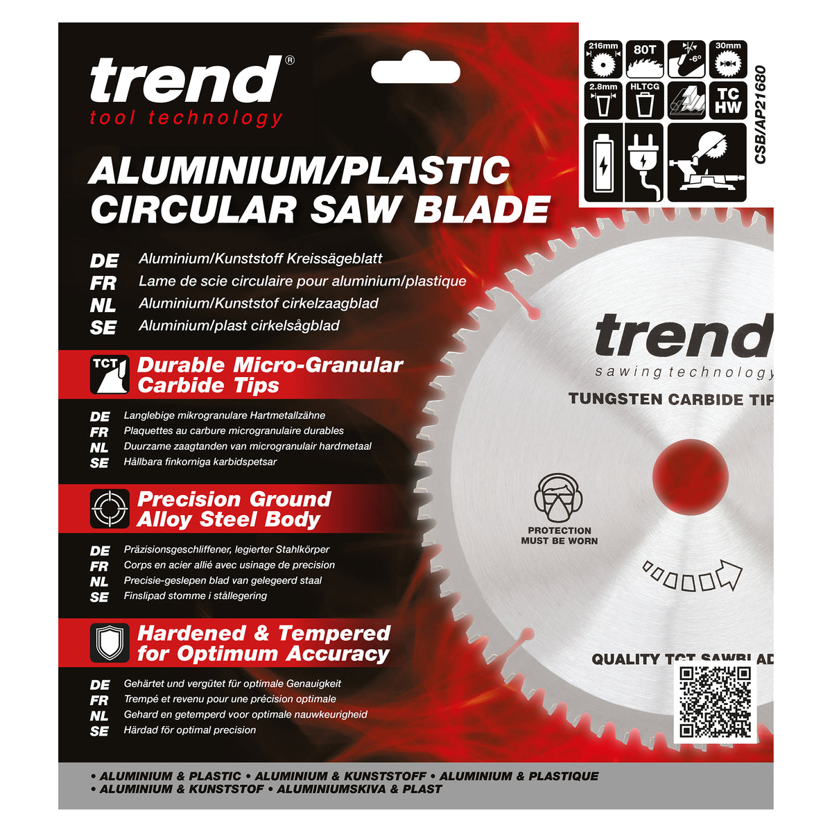 Trend 216mm x 30mm x 80T Aluminium/Plastic Circular Saw Blade