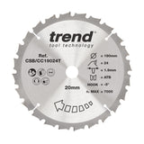 Trend 190mm x 20mm x 24T Ripping Cordless Mitre Saw Blade