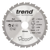 Trend 190mm x 30mm x 24T Ripping Cordless Mitre Saw Blade