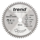 Trend 190mm x 20mm x 60T Fine Cut Off Cordless Mitre Saw Blade