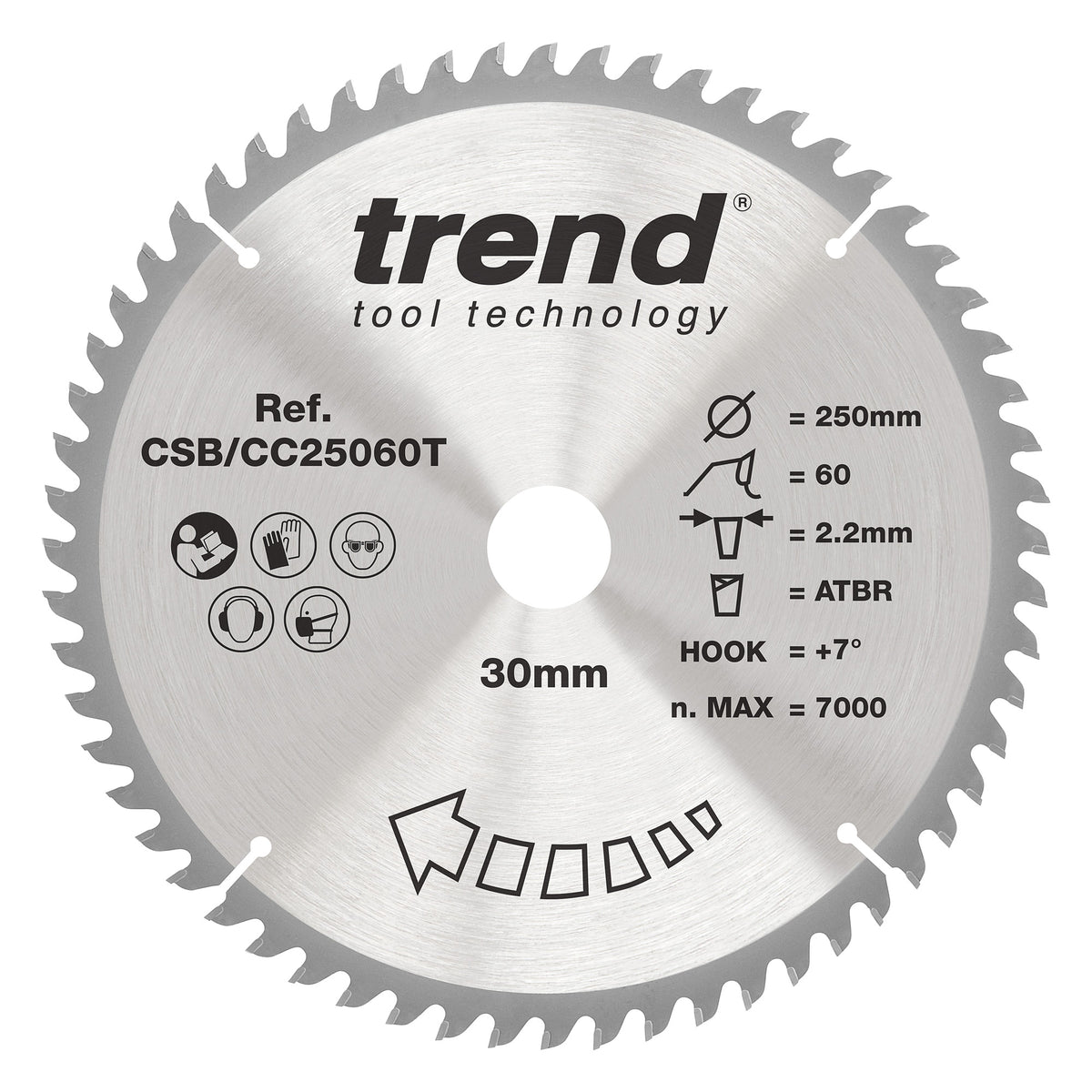 Trend 250mm x 30mm x 60T Wood Cordless ATBR Mitre Saw Blade