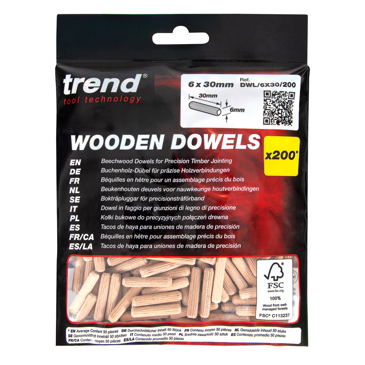 Trend 6 x 30mm Wooden Dowels Pack of 200