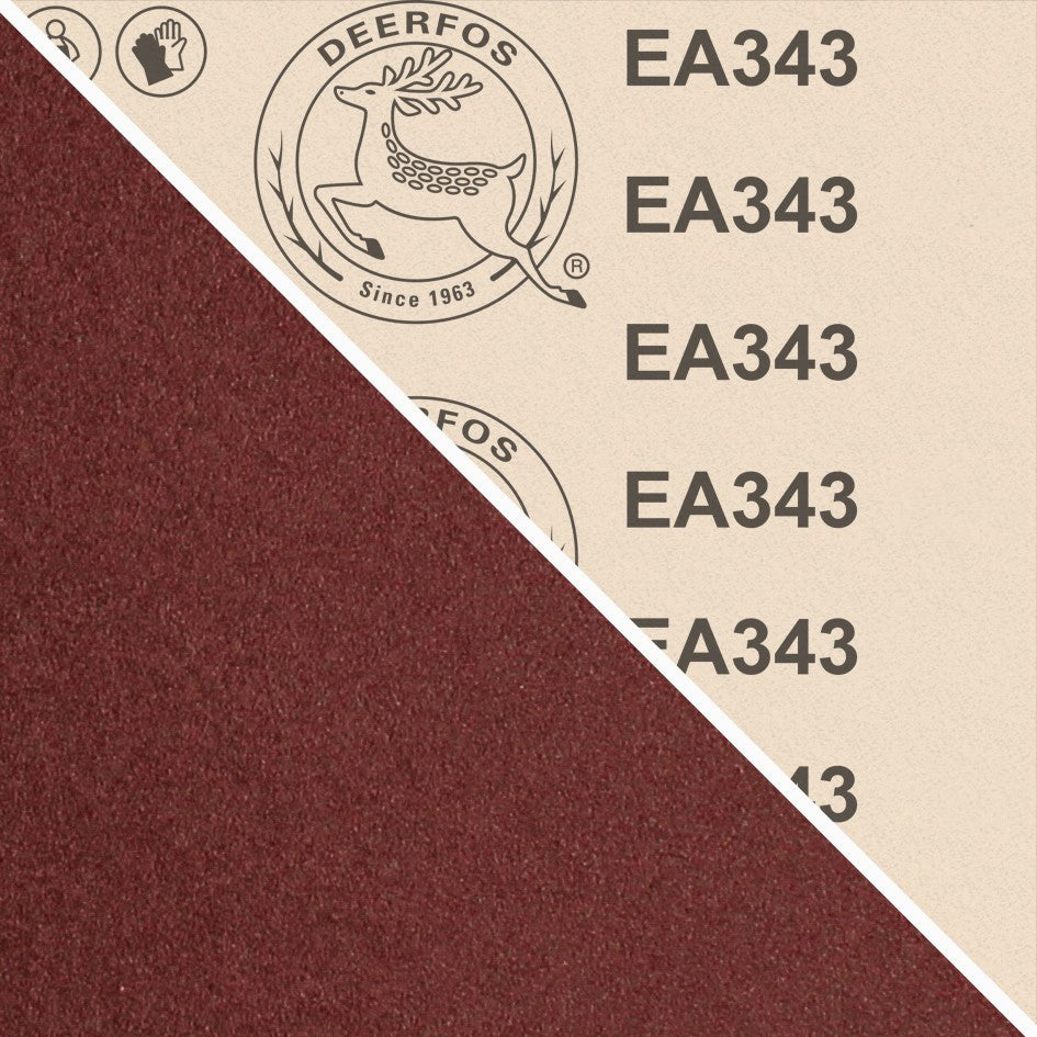 Deerfos sandpaper with red sanding surface and brand logo on beige background