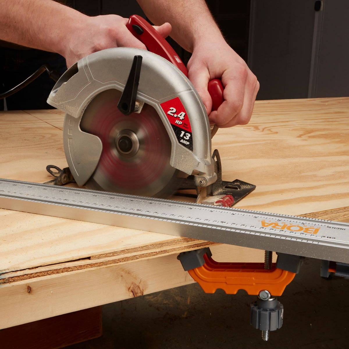 Australian-made BORA NGX Clamp Edge Saw Guide Extension in action for precise wood cutting