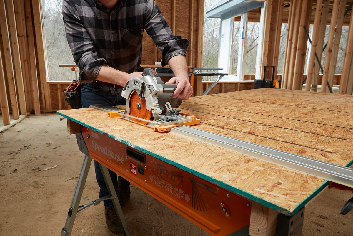 BORA NGX 1250mm Clamp Edge Saw Guide Extension in use on wood plank
