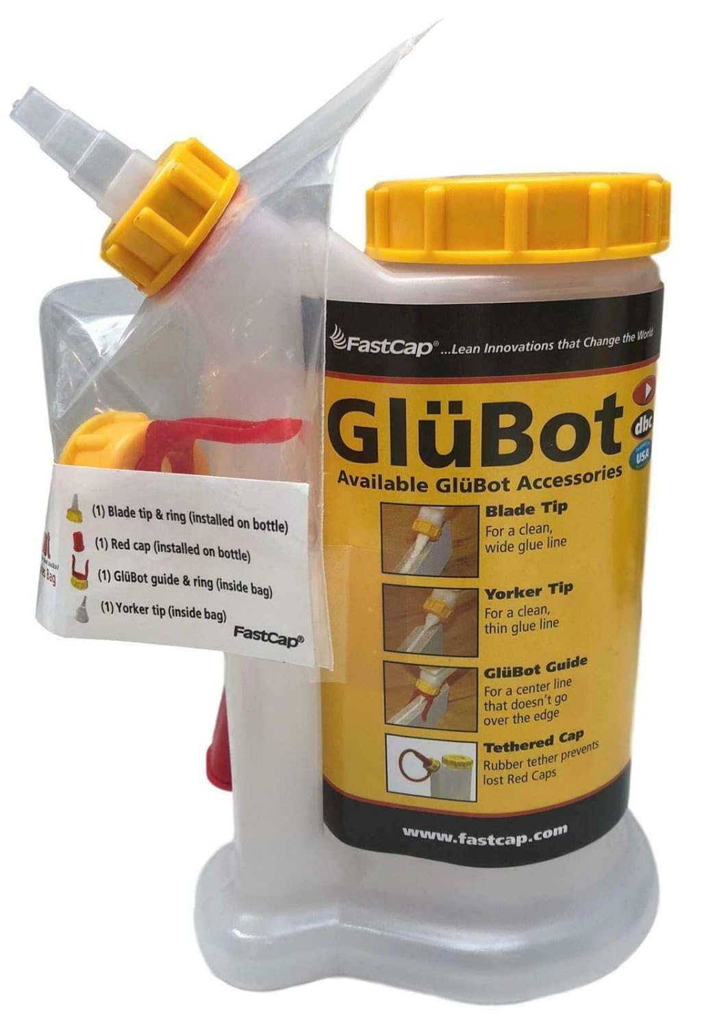 FastCap GluBot Glue Dispenser bottle in woodworking workshop setting