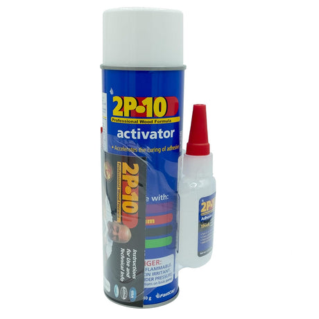 FastCap 2P-10 Solo Kit aerosol and glue activator in use on woodworking project