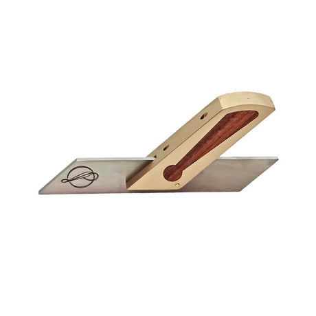Ironbark Toolworks Mitre Gauge Brass with Mulga Inlay, showcasing intricate detailing on brass component