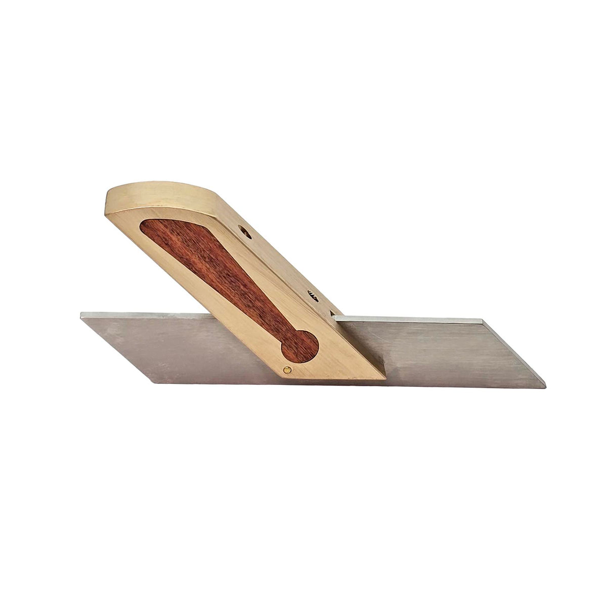 Ironbark Toolworks Mitre Gauge Brass with Mulga Inlay, side view showing intricate detail