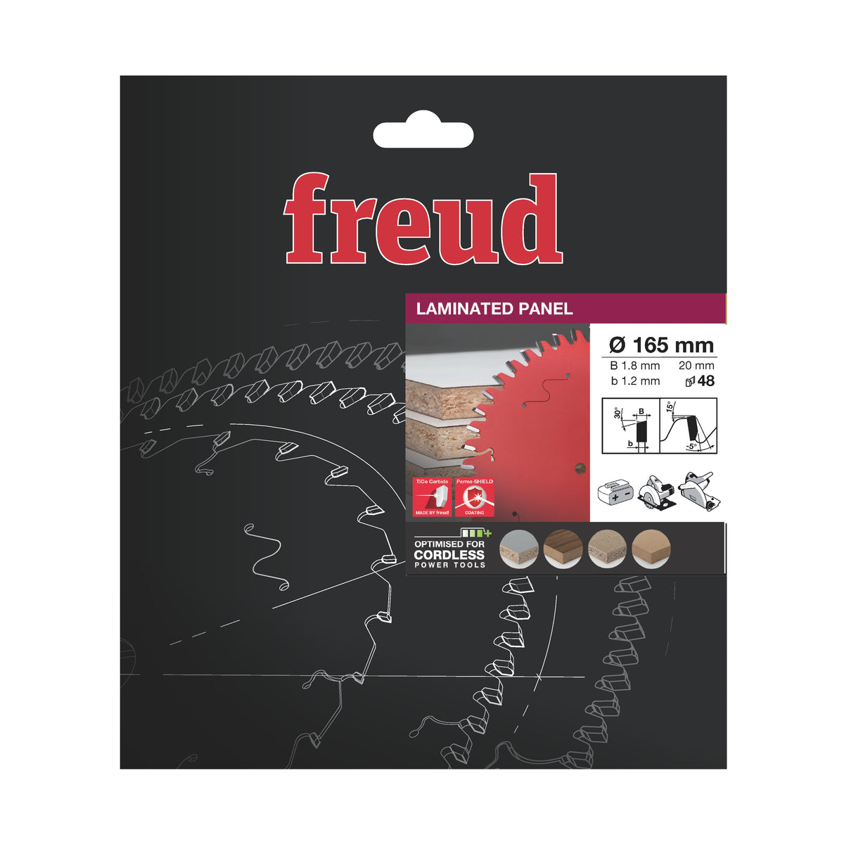 Freud 165 x 20 x 2.6 x 48T Laminated Panel Saw Blade suits Cordless Handheld and Plunge Circular Saws