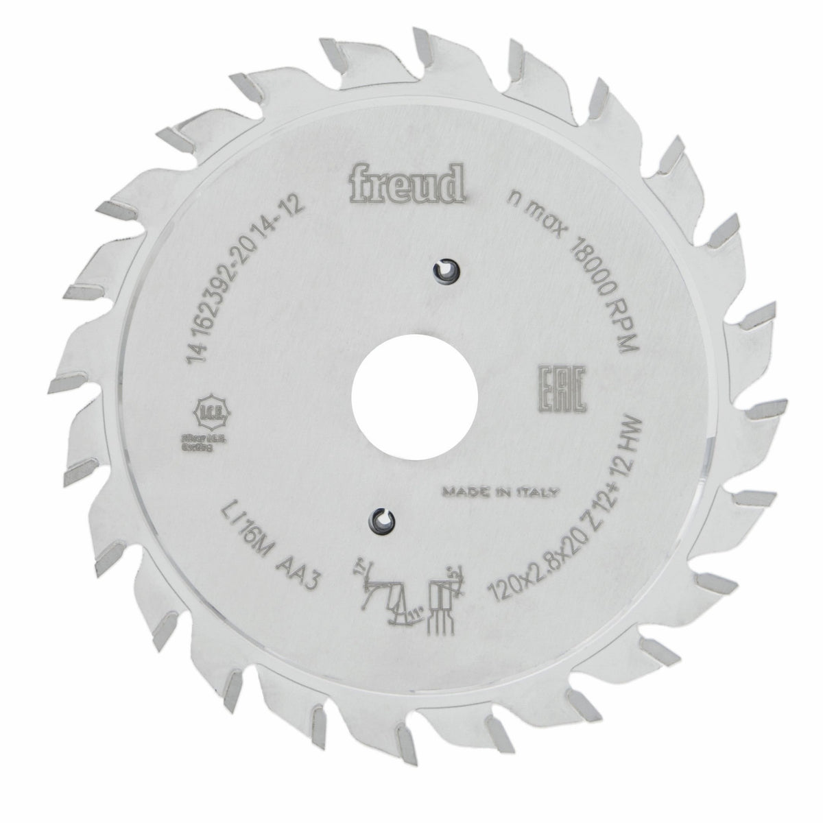 Freud Adjustable Scoring Saw Blade showing micro-grain carbide teeth on circular blade