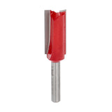 Freud Double Flute Straight Router Bit 1/4in Shank - Detailed view of carbide tip on woodworking tool