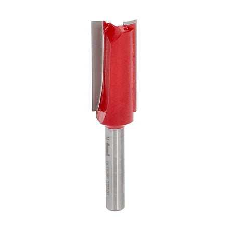 Freud Double Flute Straight Router Bit 1/4in Shank - Detailed view of carbide tip on woodworking tool