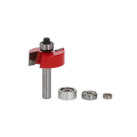 Freud Rebate Edge Moulding Router Bit Set 1/4in Shank in action, creating varying depths for versatile woodworking projects