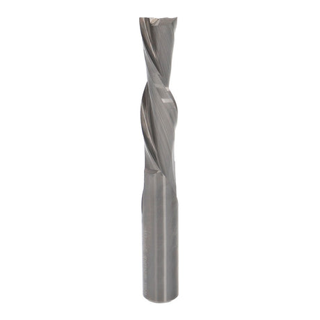 Freud Industrial 1/2in Shank Spiral Downcut CNC Router Bit with Two Flutes, Right Hand Cut - Detailed view of sharp carbide tip