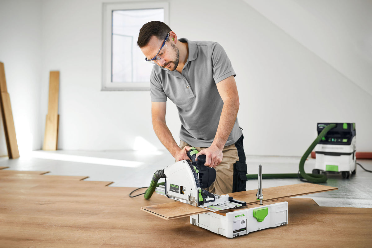 Festool TS 60K plunge cut saw with 100 Year Limited Edition Systainer and rail on workbench