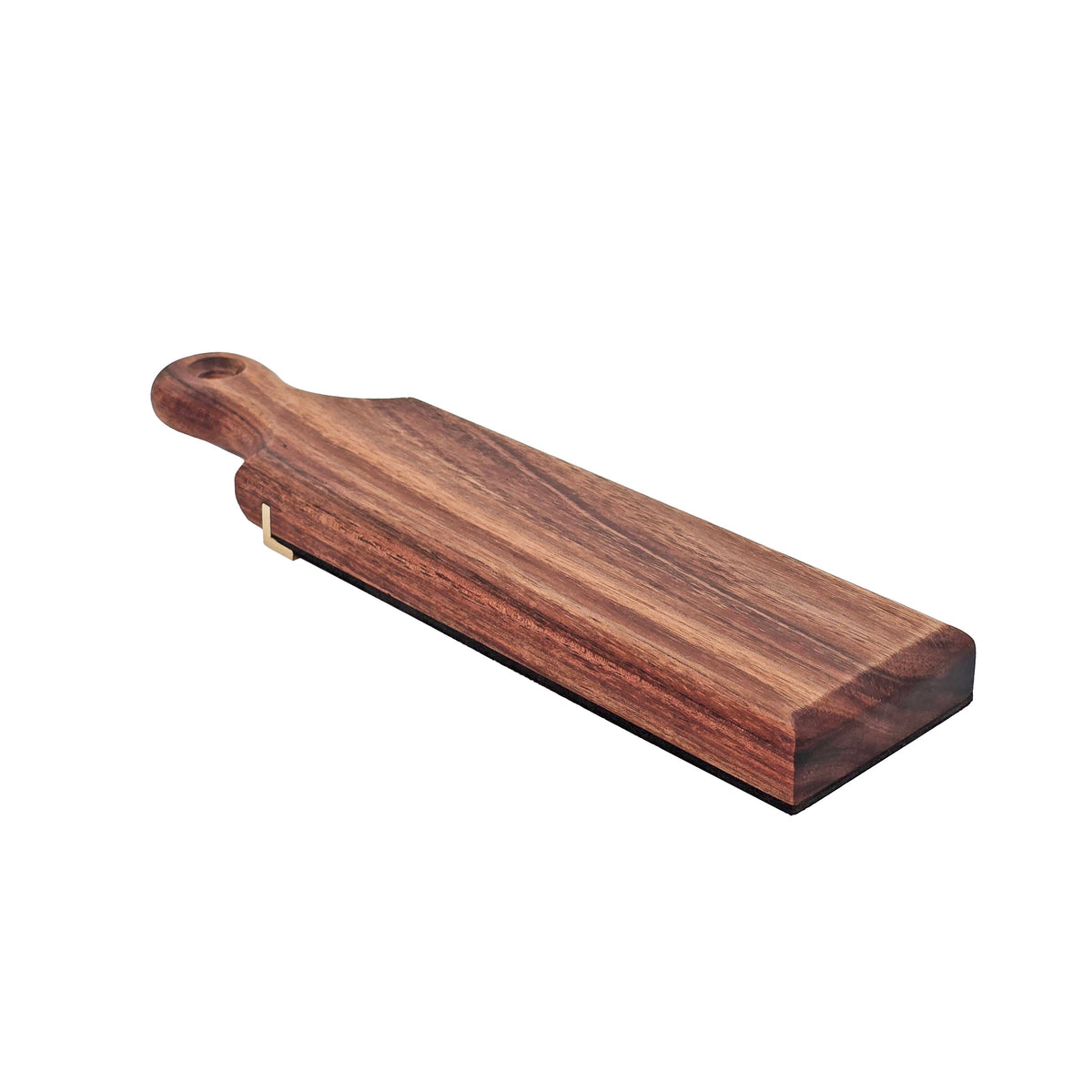 Harold & Saxon Tasmanian Blackwood Honing Strop with Murray Grey Calf Hide Leather, angled view