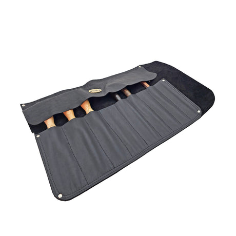 Deluxe tanned leather tool roll by Harold & Saxon, Australian-made, with nine secure pockets for chisels, knives, and files