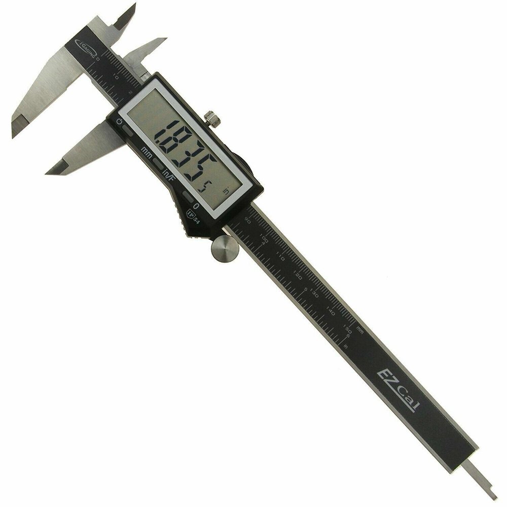 iGaging EZCal Digital Vernier Calipers 150mm with Depth Base Attachment showing detailed metric and imperial scales