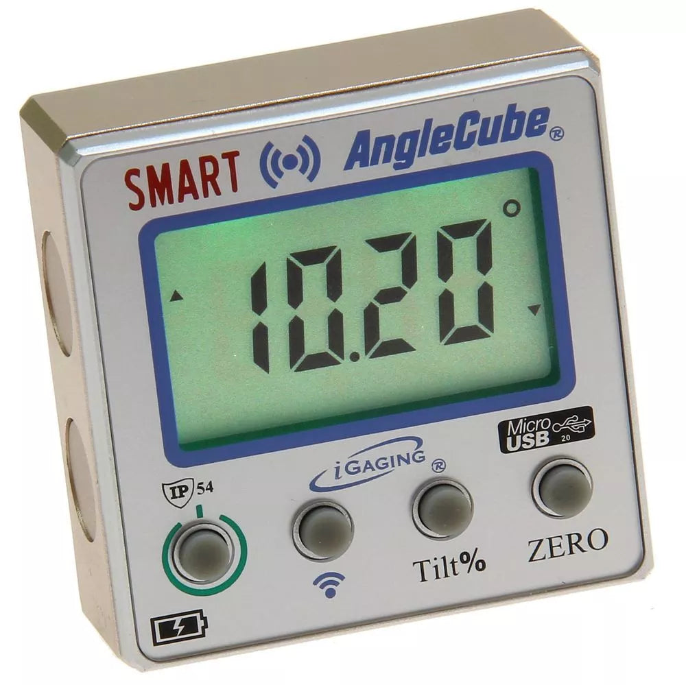 Compact iGaging AngleCube Bevel Protractor - Bluetooth enabled, magnetic base, precise angle measurements on large LCD display