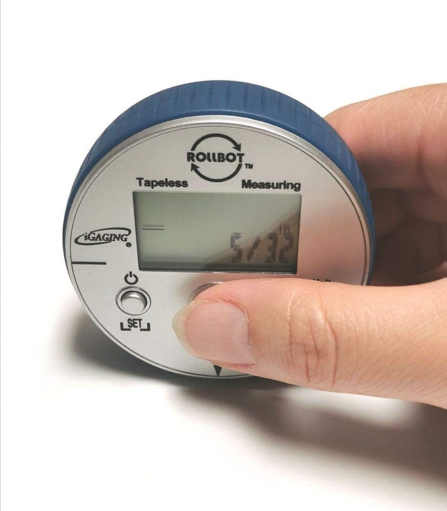 iGaging RollBot Digital Tape Measure showing accurate linear measurements on a wooden table