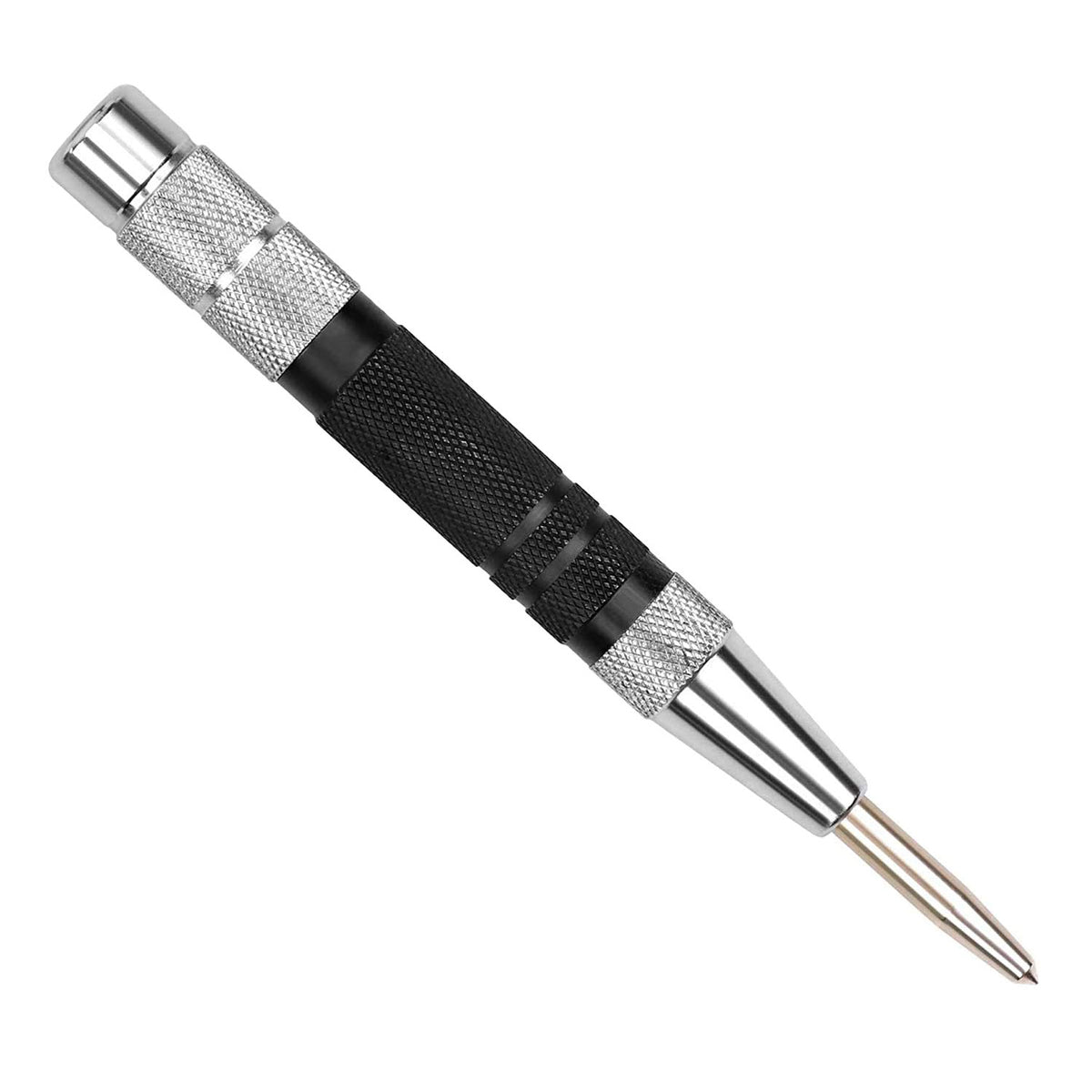 Heavy-duty automatic centre punch with knurled bands for strong grip, ideal for precise hole layout on workpieces