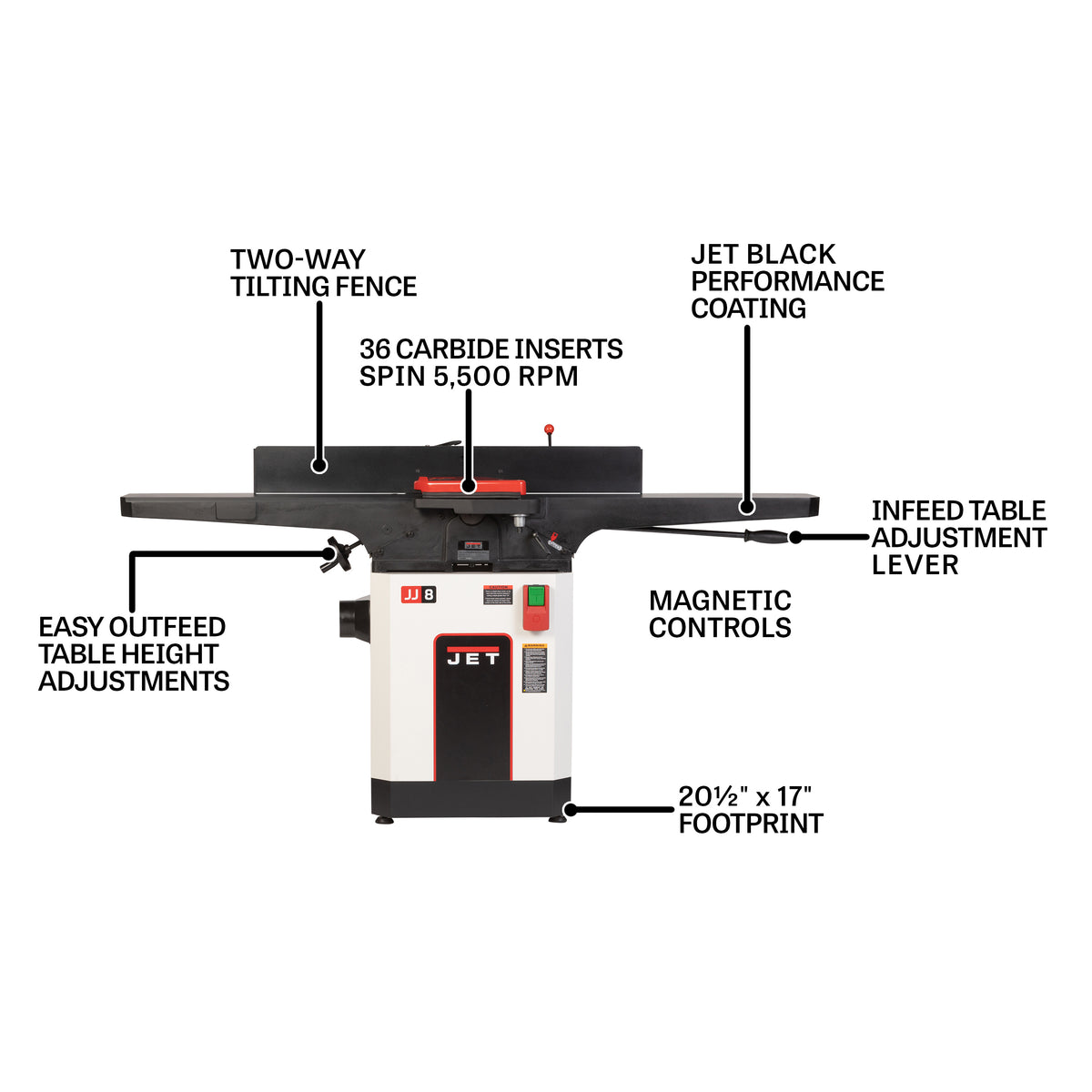 JET Tools 8in Jointer Black Edition with Cabinet Stand Helical Cutterhead