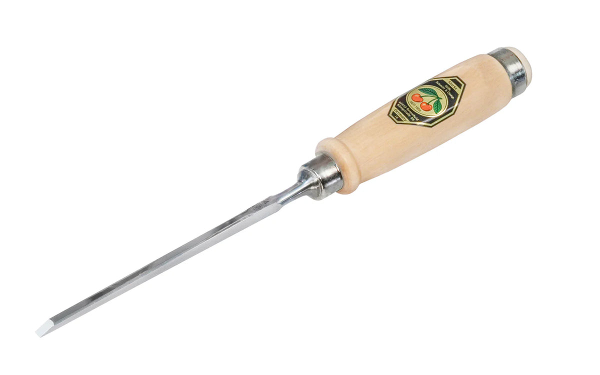 Kirschen Two Cherries 4mm Firmer chisel with a wooden handle on a white background