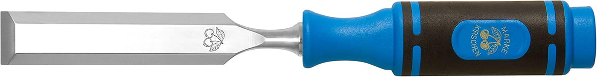 Wood chisel with blue and black handle and metal blade on a black background