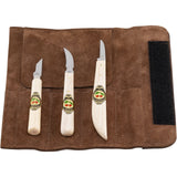 Three carving knives with wooden handles on a brown leather case.