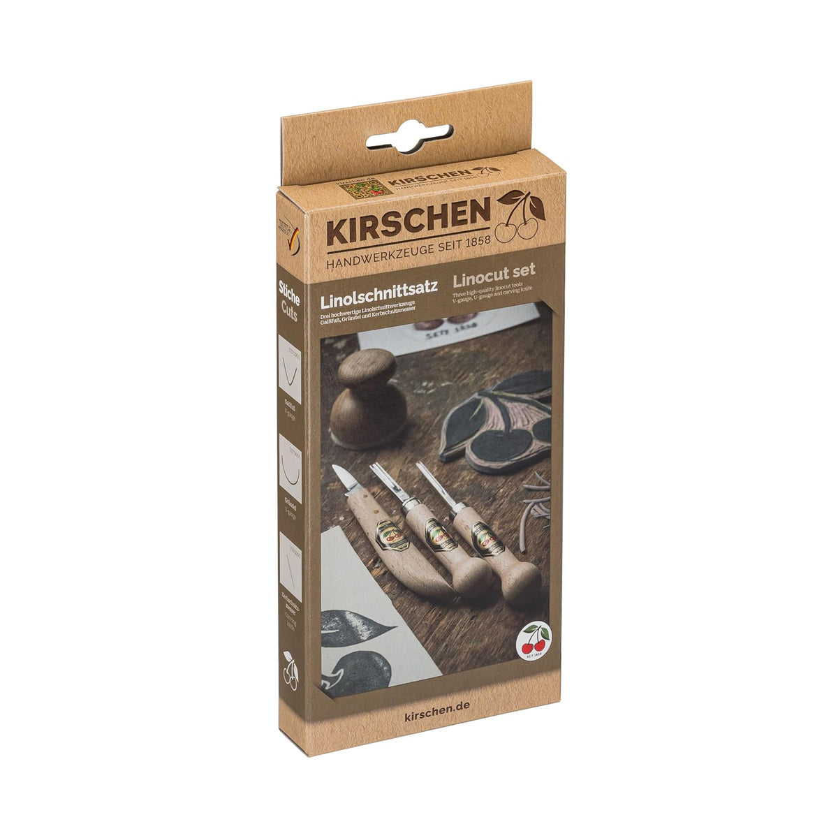Kirschen linocut set packaging on a white background