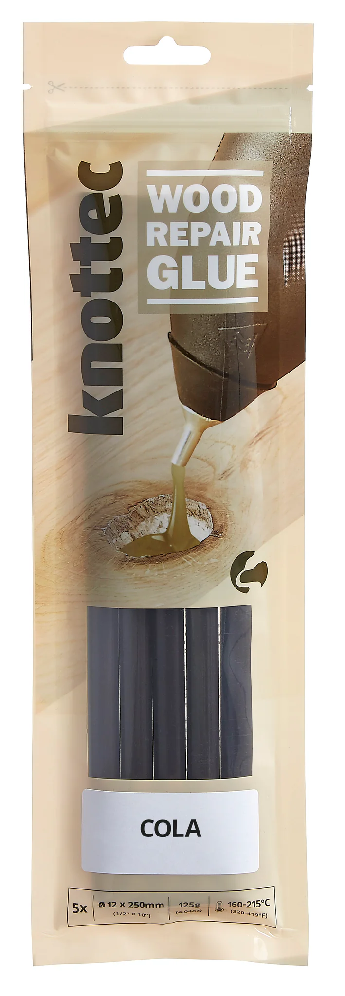 Power Adhesives Knottec Wood Knot Filler Glue Sticks 12mm Cola Pack of 5 - Close-up view of Knottec knot-filling adhesive stick
