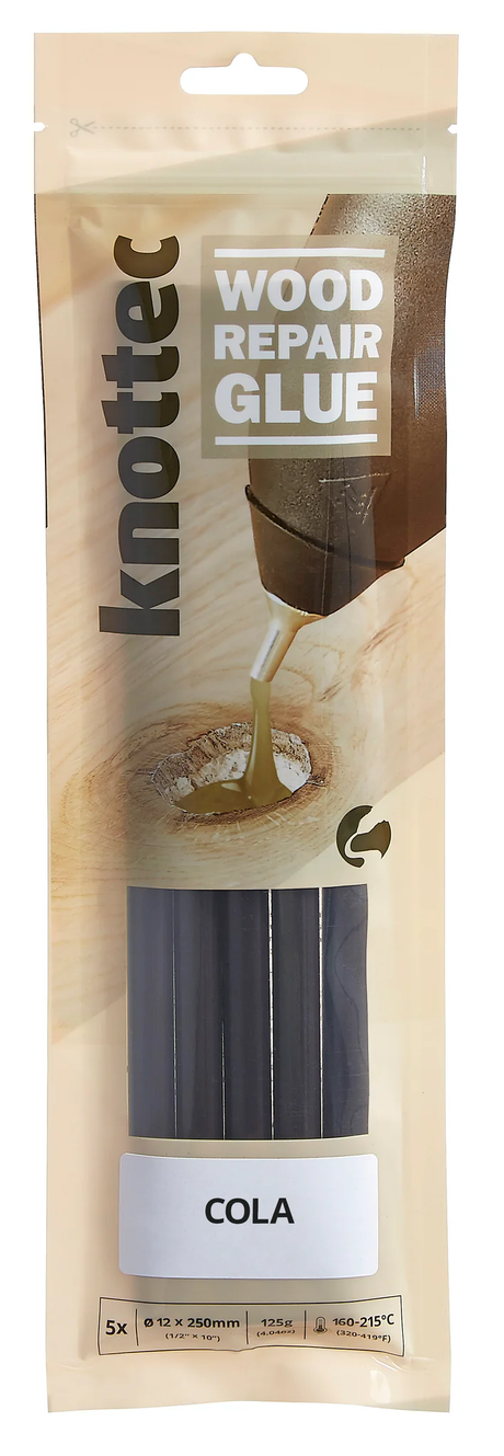 Power Adhesives Knottec Wood Knot Filler Glue Sticks 12mm Cola Pack of 5 - Close-up view of Knottec knot-filling adhesive stick