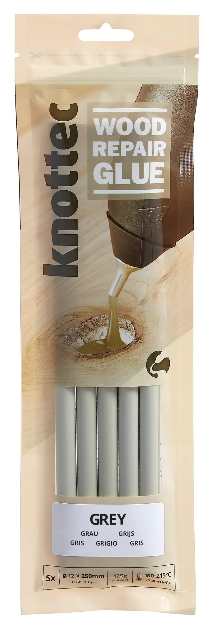 Power Adhesives Knottec Wood Knot Filler Glue Sticks 12mm Grey Pack of 5 - Close-up of grey hot glue stick for woodworking