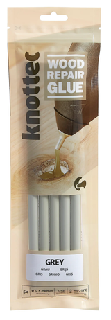 Power Adhesives Knottec Wood Knot Filler Glue Sticks 12mm Grey Pack of 5 - Close-up of grey hot glue stick for woodworking