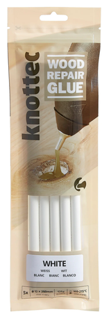 Power Adhesives Knottec Wood Knot Filler Glue Sticks 12mm White Hot Glue Pack detail showing product packaging