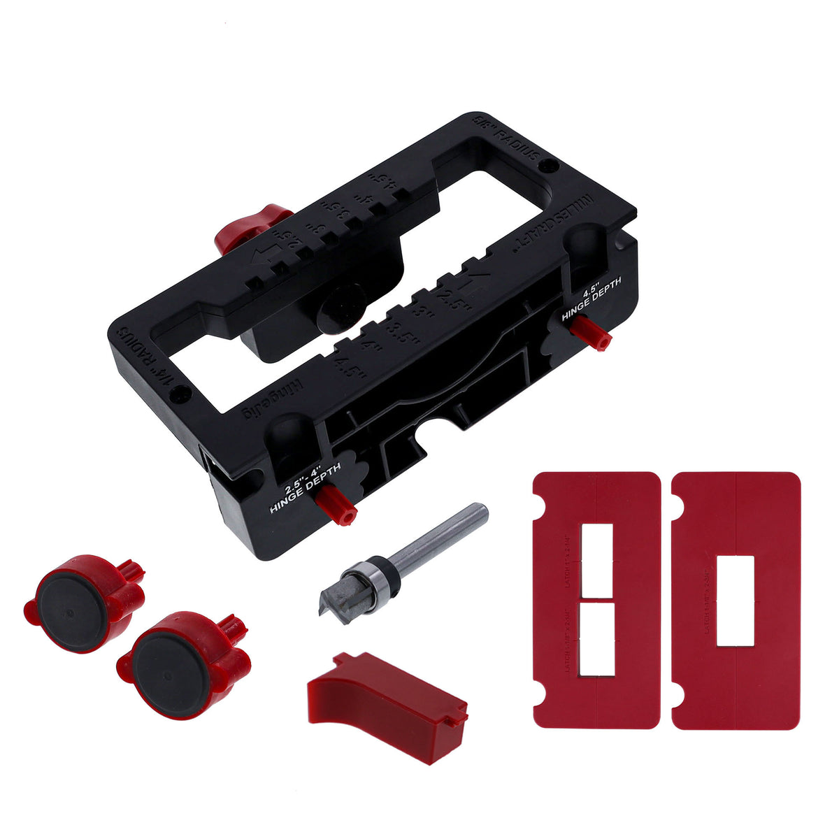 Milescraft HingeJig Self-Clamping Door Hinge & Latch Router Jig in use on wooden door