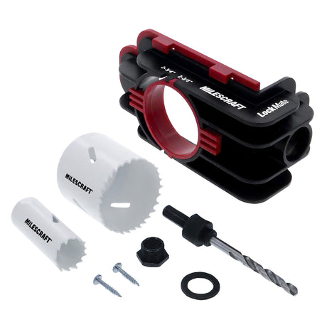Milescraft LockMate Lock & Knob Installation Jig in use, drilling holes accurately for door hardware