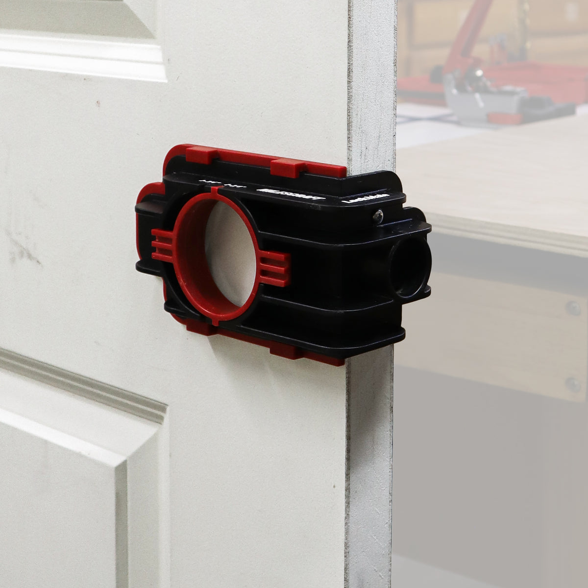 Milescraft LockMate Lock & Knob Installation Jig in use on door for easy DIY installation