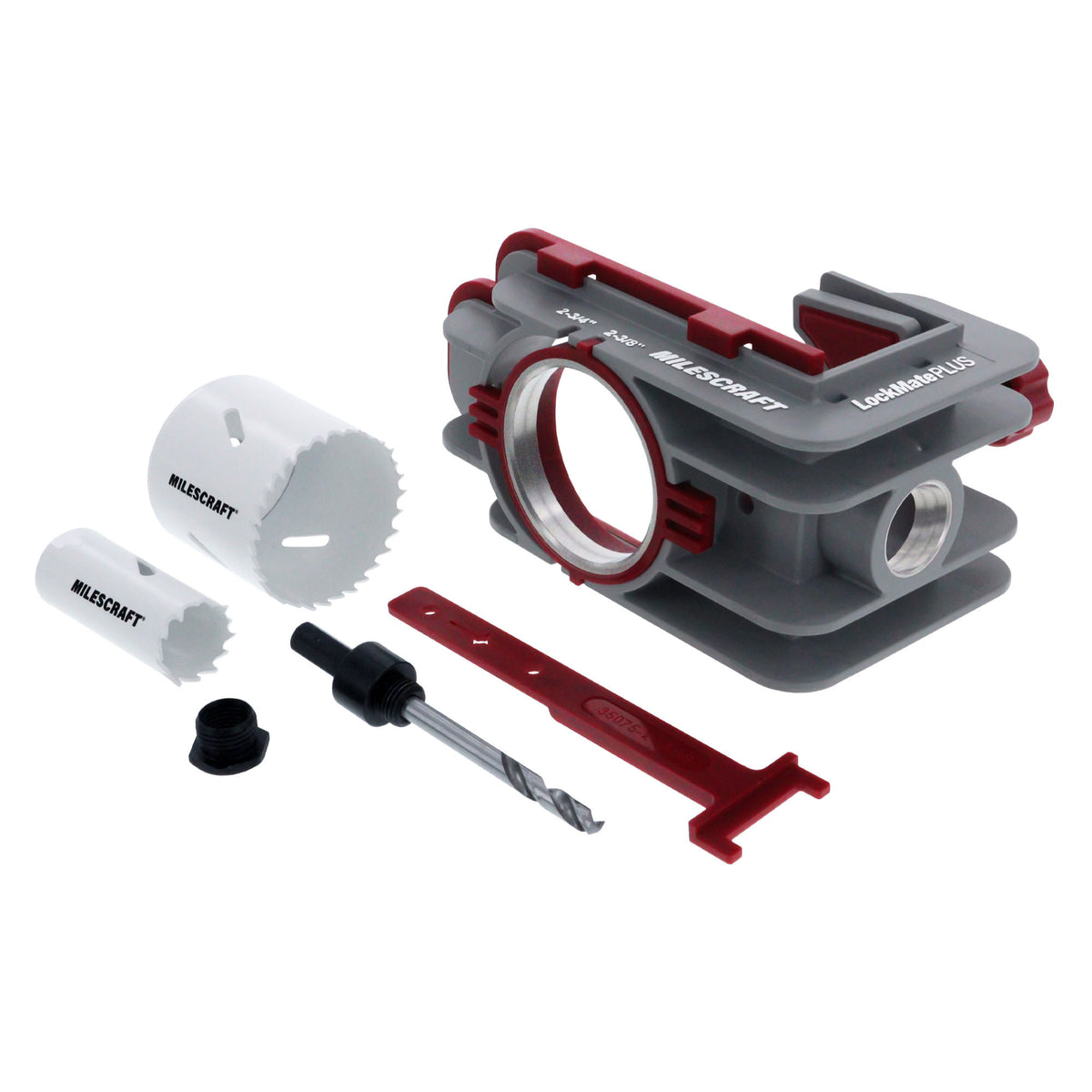 Milescraft LockMatePLUS Self-Clamping Lock & Knob Installation Jig in action, simplifying installation projects