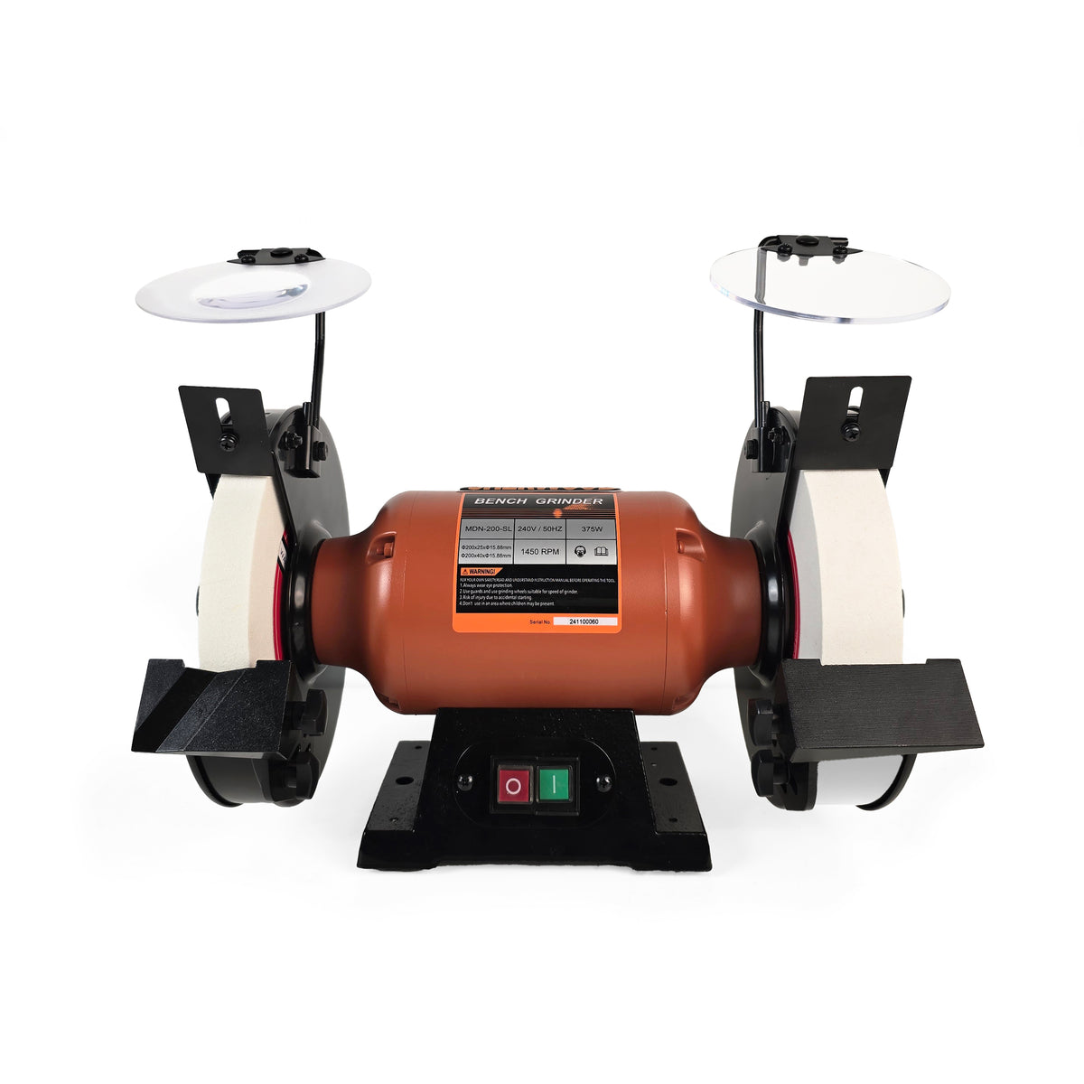 Sherwood 8in Slow Speed Bench Grinder 1400RPM 1/2HP Motor, angled view showing durable construction and heat-reducing design