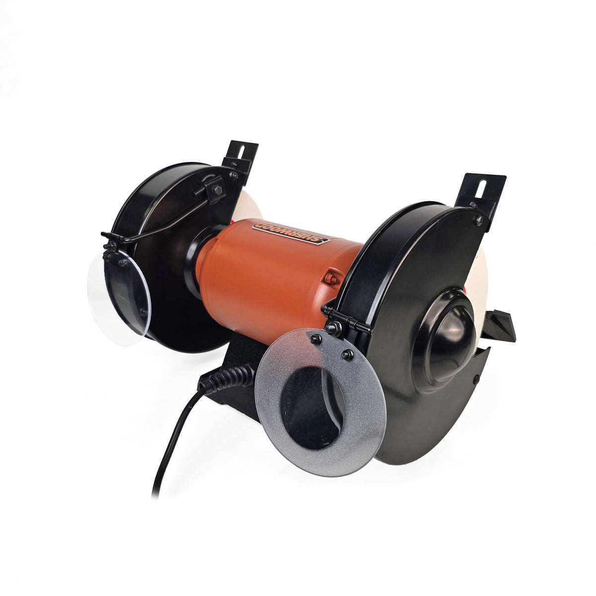 Sherwood 8in Slow Speed Bench Grinder 1400RPM 1/2HP Motor, angled view showing the tool steel sharpening process