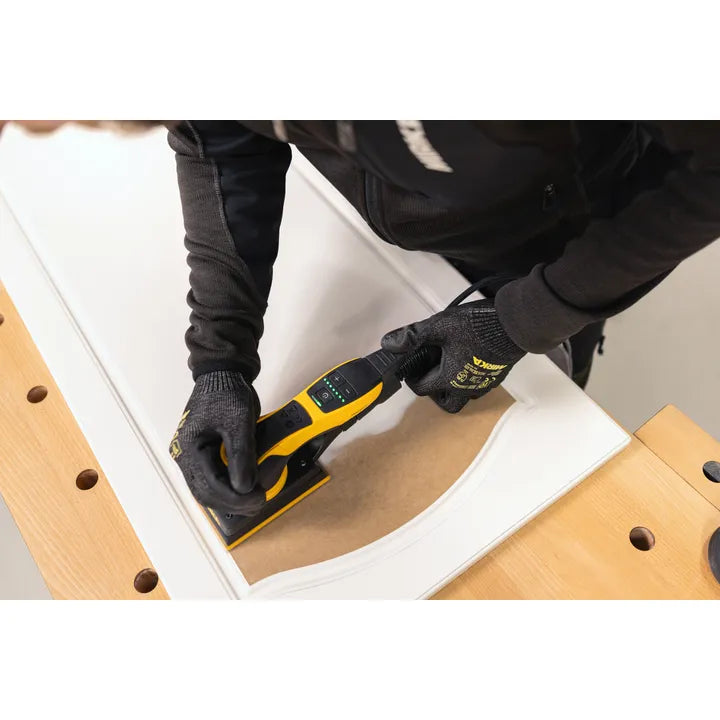 Mirka DEOS II Orbital Sander 81 x 133mm 3.0mm Orbit 353CV in use on wood surface