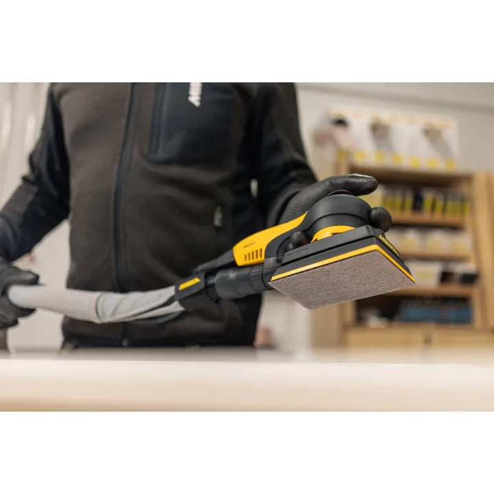 Mirka DEOS II 353CV electric orbital sander in use on wooden surface
