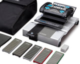 MPOWER fast track sharpening jig with various grit diamond plates and case on a white background